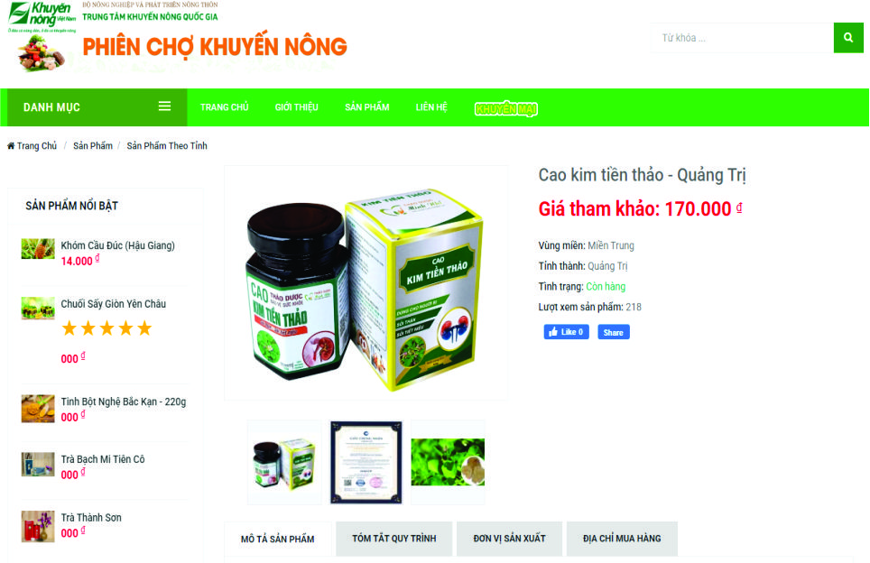 Sản phẩm tỉnh Quảng Trị đăng tải trên Trang web "Phiên chợ Khuyến nông"