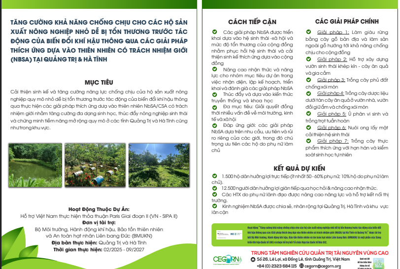 Tăng cường khả năng chống chịu cho các hộ sản xuất nông nghiệp nhỏ dễ bị tổn thương trước tác động của biến đổi khí hậu thông qua các giải pháp thích ứng dựa vào thiên nhiên có trách nhiệm giới (NbSA) tại Hà Tĩnh và Quảng Trị